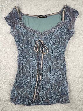 Ann Ferriday Corset Top Lace Ribbon Stretch Y2K Fairy Dark Romantic Blue Small